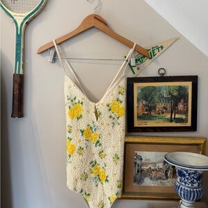 Free People Cream Lace Bodysuit with Yellow and Green Floral Design